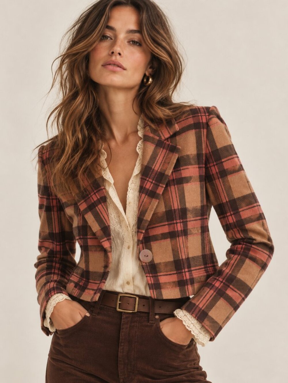 Tahari Plaid Knit Blazer Jacket Brown Rust Cropped Single Button Size M